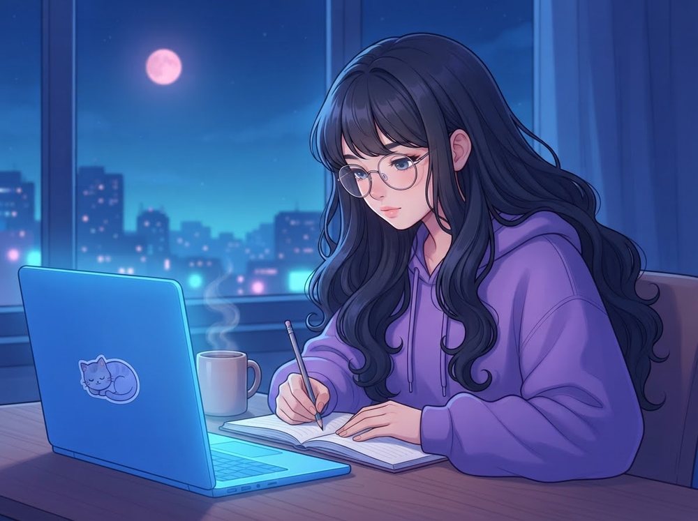 SoraK, a teenage girl with long wavy hair and round glasses, studying at night with a glowing laptop